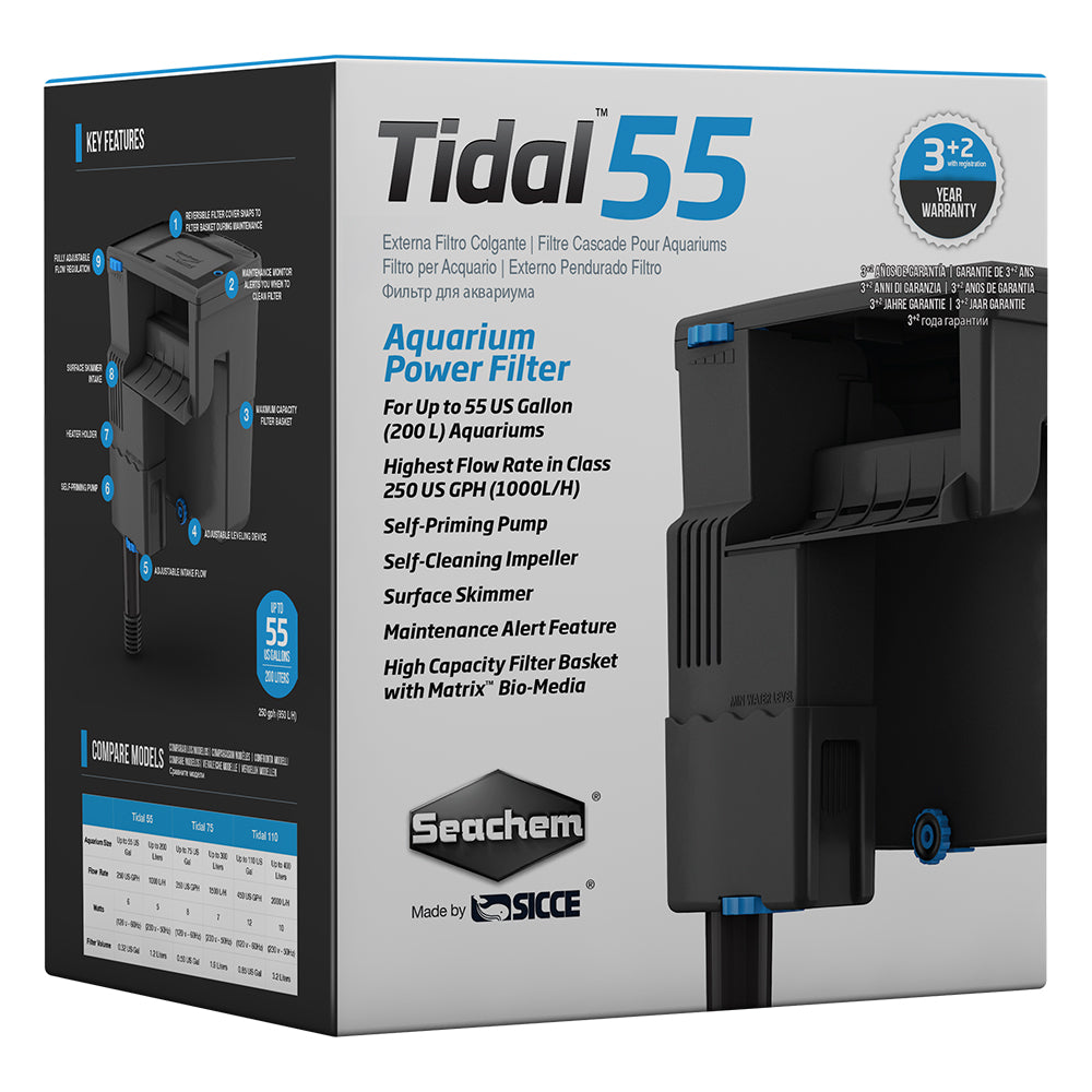 Seachem Laboratories Tidal 55 Power Filter Black 250-GPH, Kwik Pets