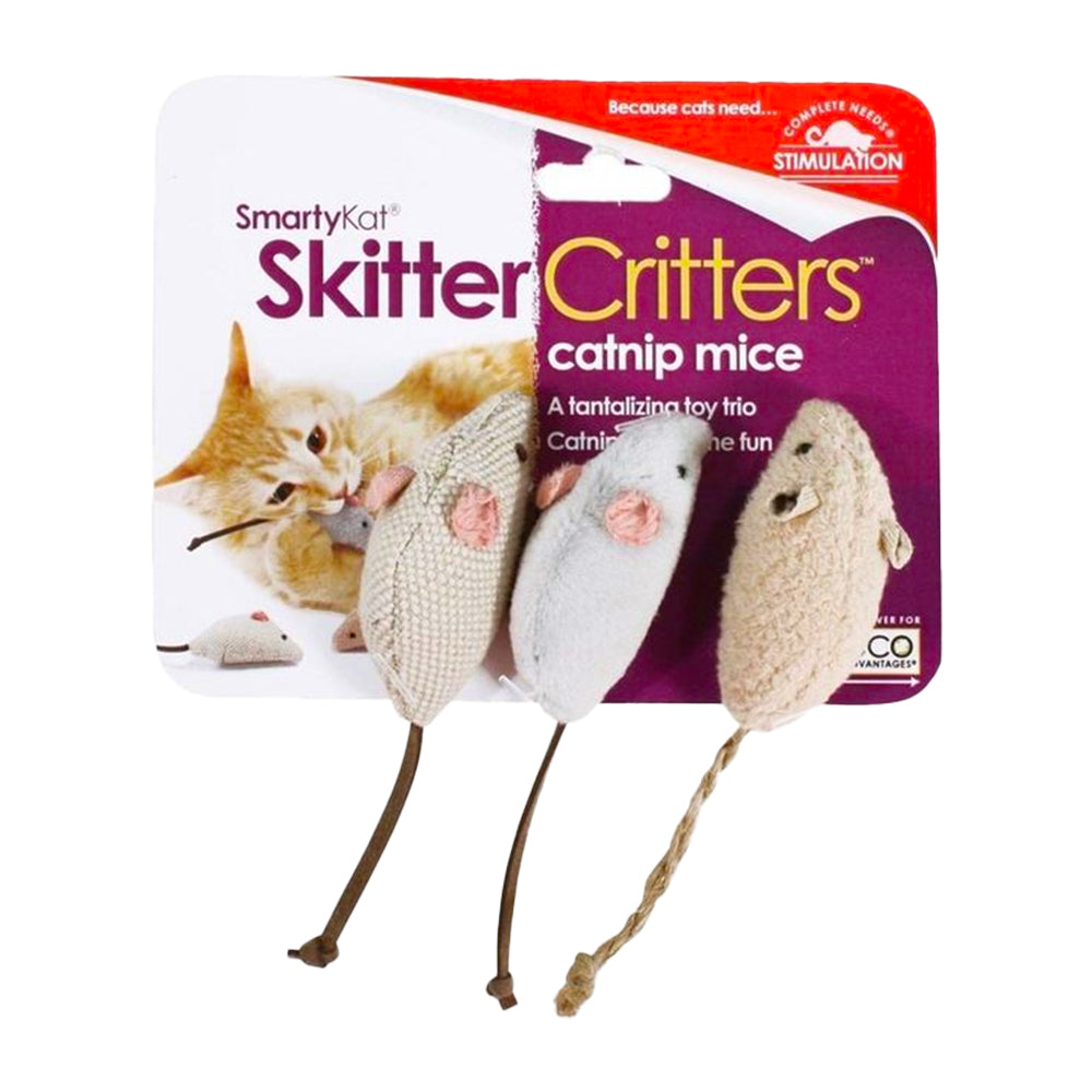 Front of SmartyKat Skitter Critters Mice Catnip Toy Grey & Tan 3 Count