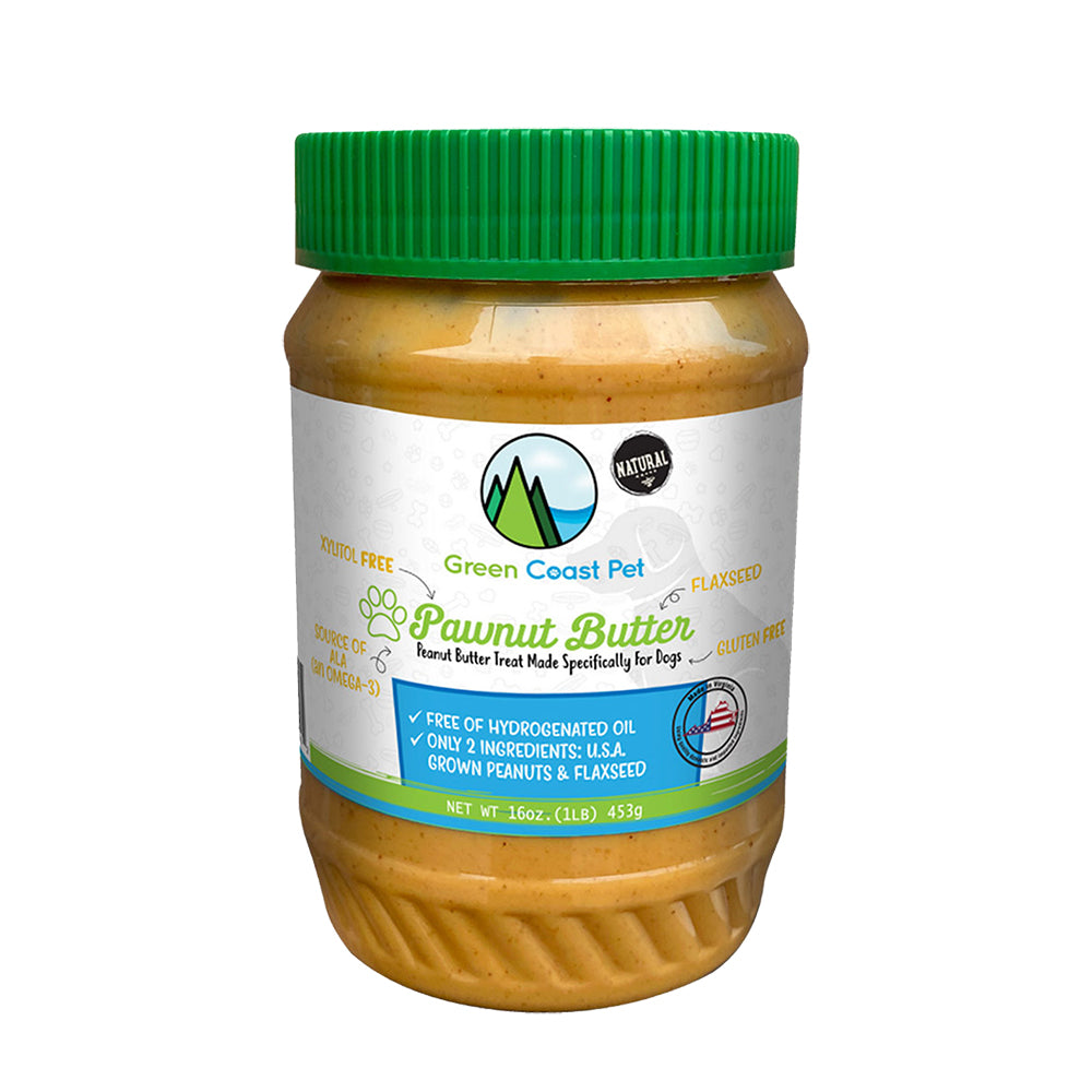 Front of Green Coast Pet Pawnut Butter with Flaxseed Dog Treats 16-oz