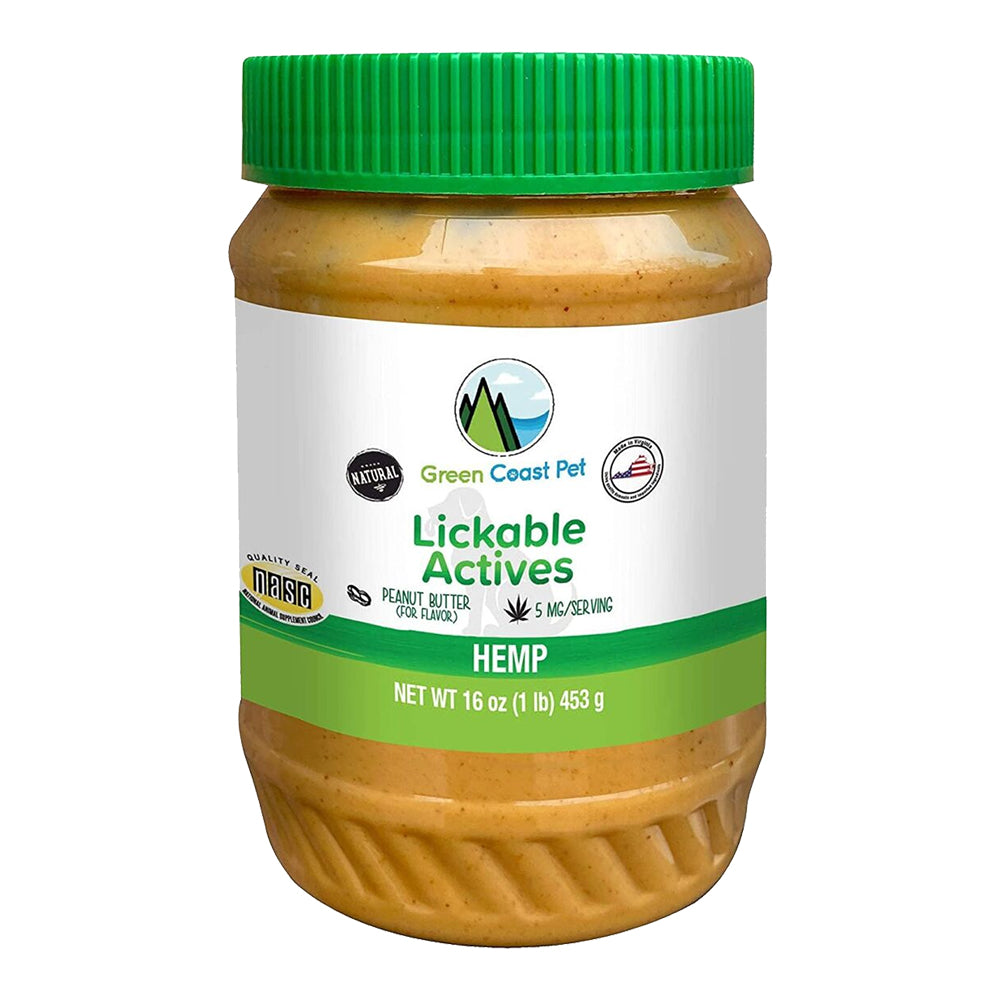Front of Green Coast Pet Lickable Actives Broad Spectrum Hemp for Dogs Peanut Butter 16-oz