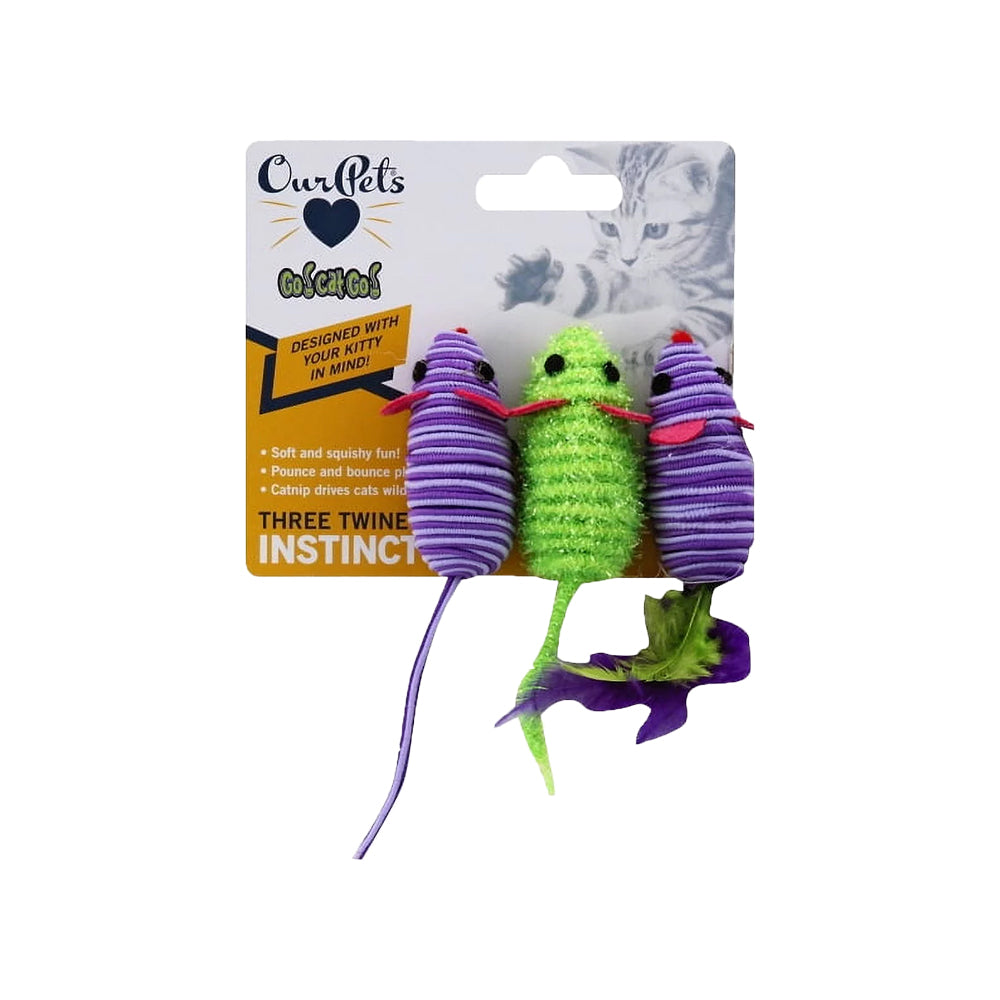 Front of OurPets Three Twined Mice Catnip Instinct Toy Green & Purple 3 Count