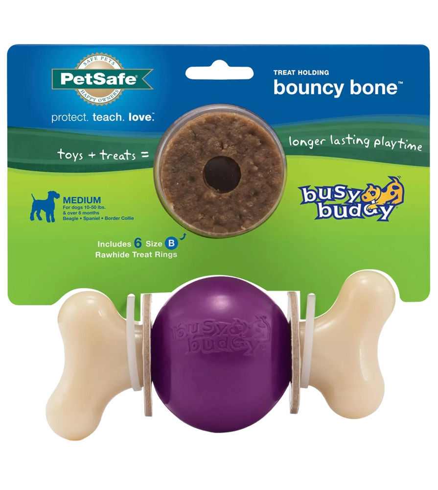 Front of Busy Buddy Bouncy Bone Treat-Dispensing Dog Chew Toy with Refillable Rawhide Treats Multicolor Medium