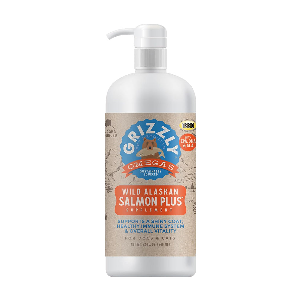 Front of Grizzly Wild Alaskan Salmon Oil Plus Food Supplement for Dogs & Cats 32-oz