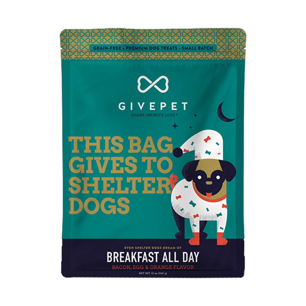 Front of Givepet Breakfast All Day Grain-Free Premium Dog Treats Bacon Egg & Orange 11-oz