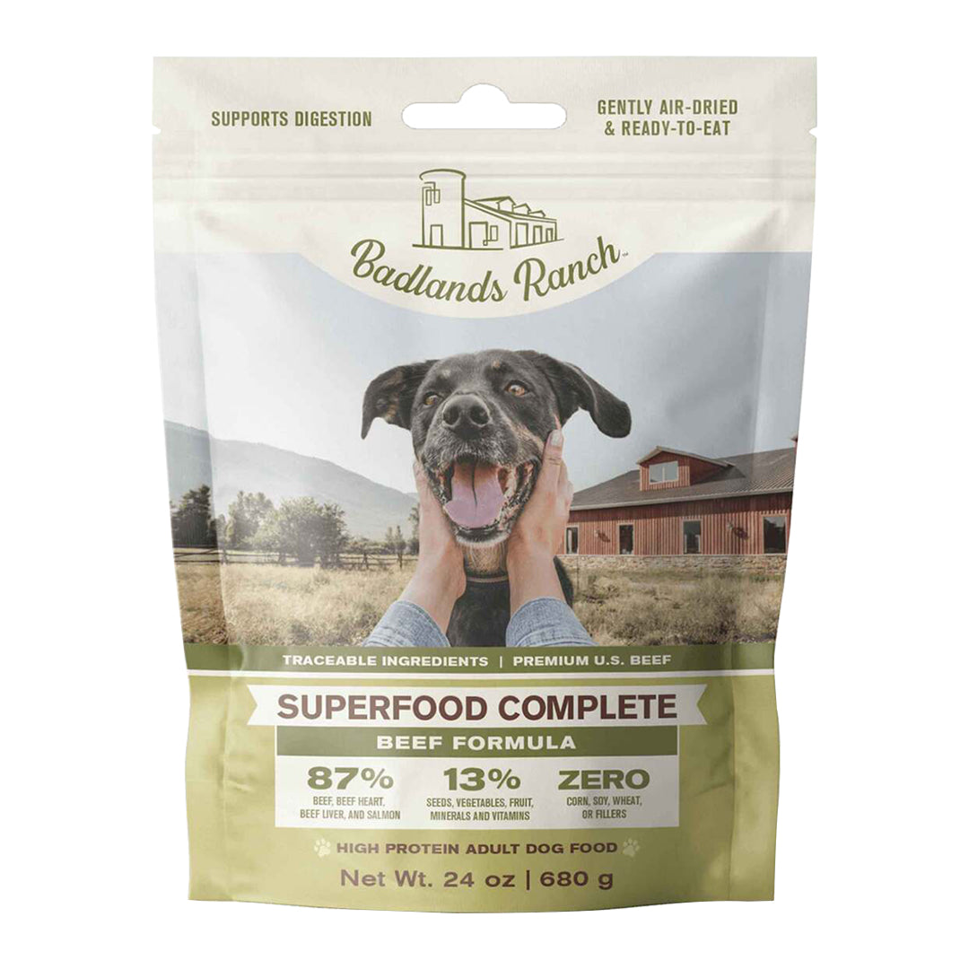 Front of Badlands Ranch Superfood Complete Air-Dried Dog Food Beef 24-oz