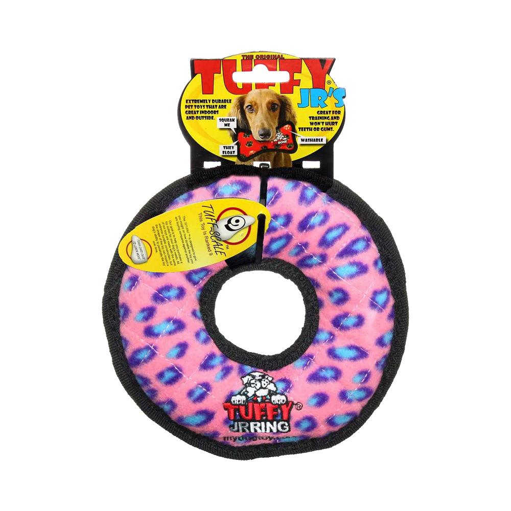 Front of Tuffy Jr Ring Durable Dog Toy Pink Leopard 7-in