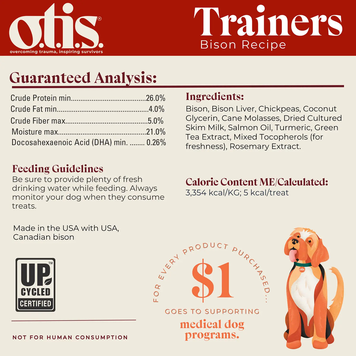 Ingredients,Guaranteed-Analysis & Calorie Content info of O.T.I.S. Wild Things Jerky Dog Treats Bison Recipe 4-oz