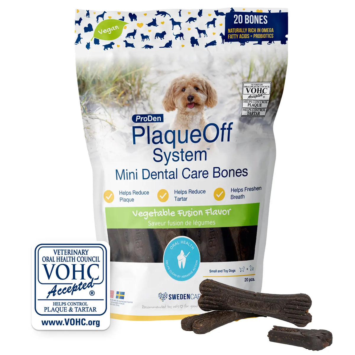Product info of NaturVet Proden PlaqueOff System Dental Care Mini Dog Bones Vegetable Fusion 20 Count 12-oz