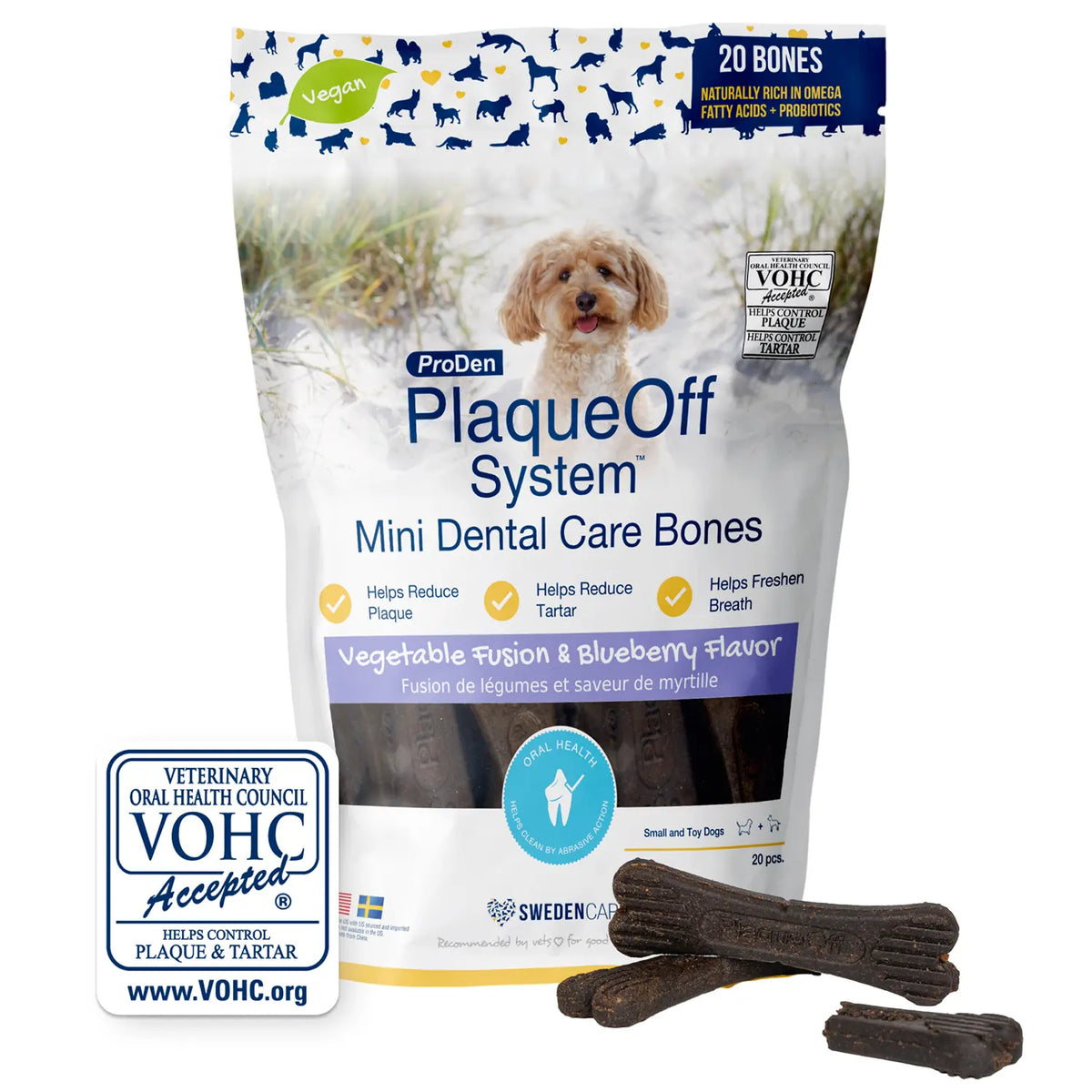 Product info of NaturVet Proden PlaqueOff System Dental Care Mini Dog Bones Vegetable Fusion & Blueberry 20 Count 12-oz