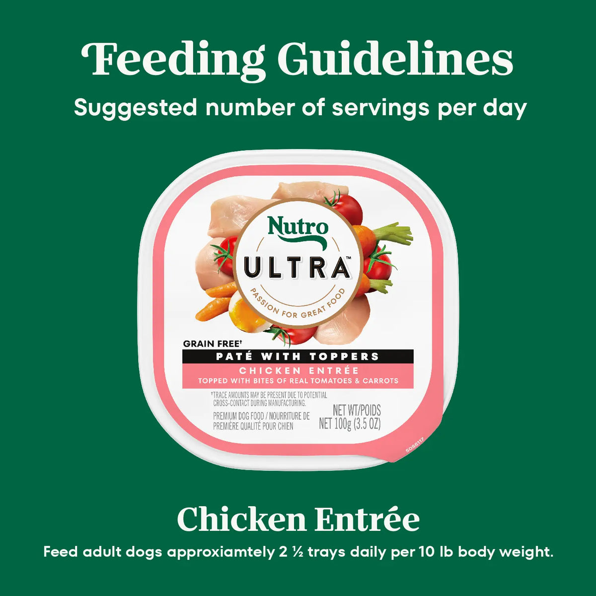 Feeding Guidelines of Nutro Ultra Grain‑Free Adult Wet Dog Food Paté with Toppers Chicken Entrée with Tomatoes & Carrots 3.5-oz