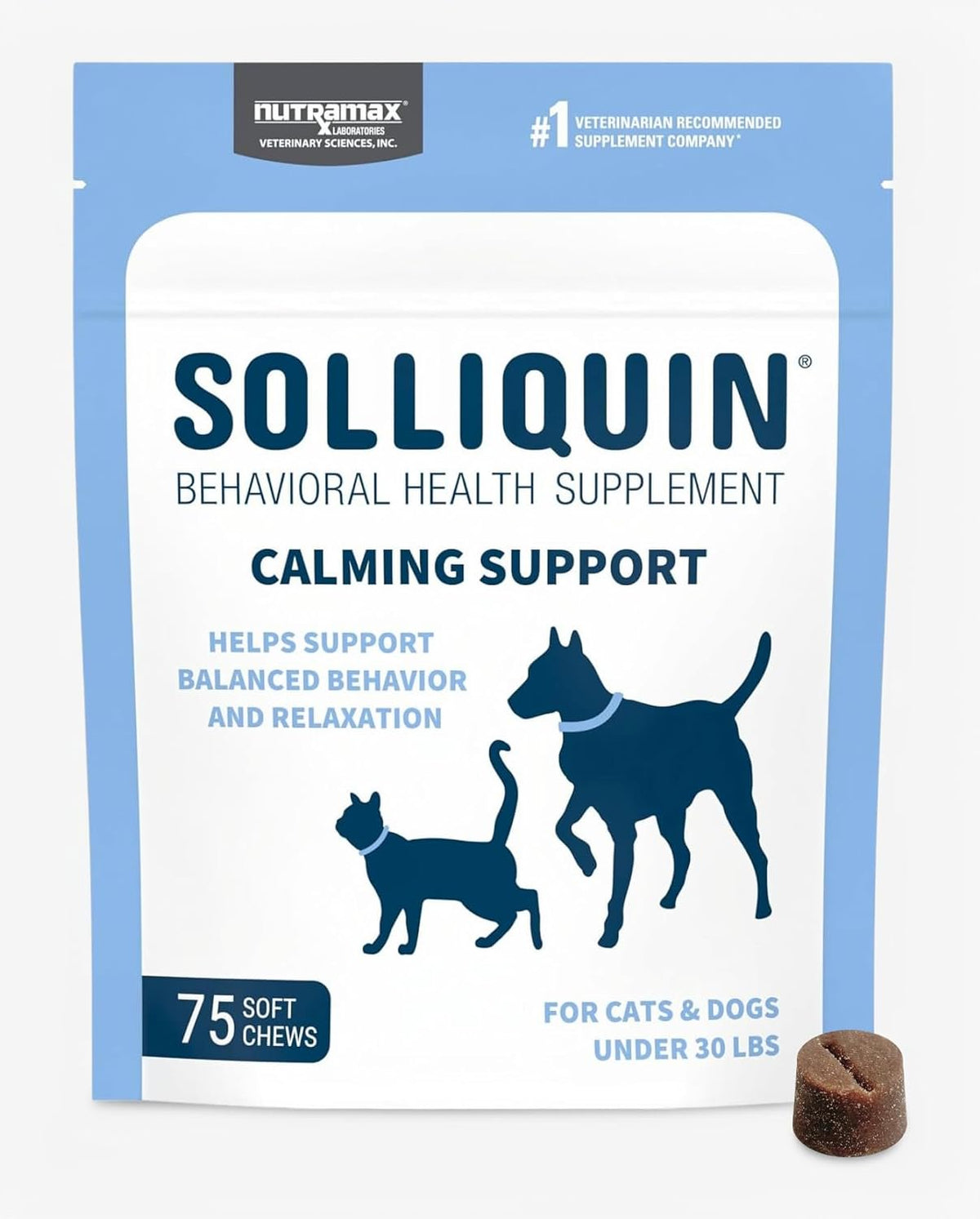Nutramax Solliquin Soft Chew Calming Behavioral Health Supplement for Dogs & Cats 75 Count Small/Medium