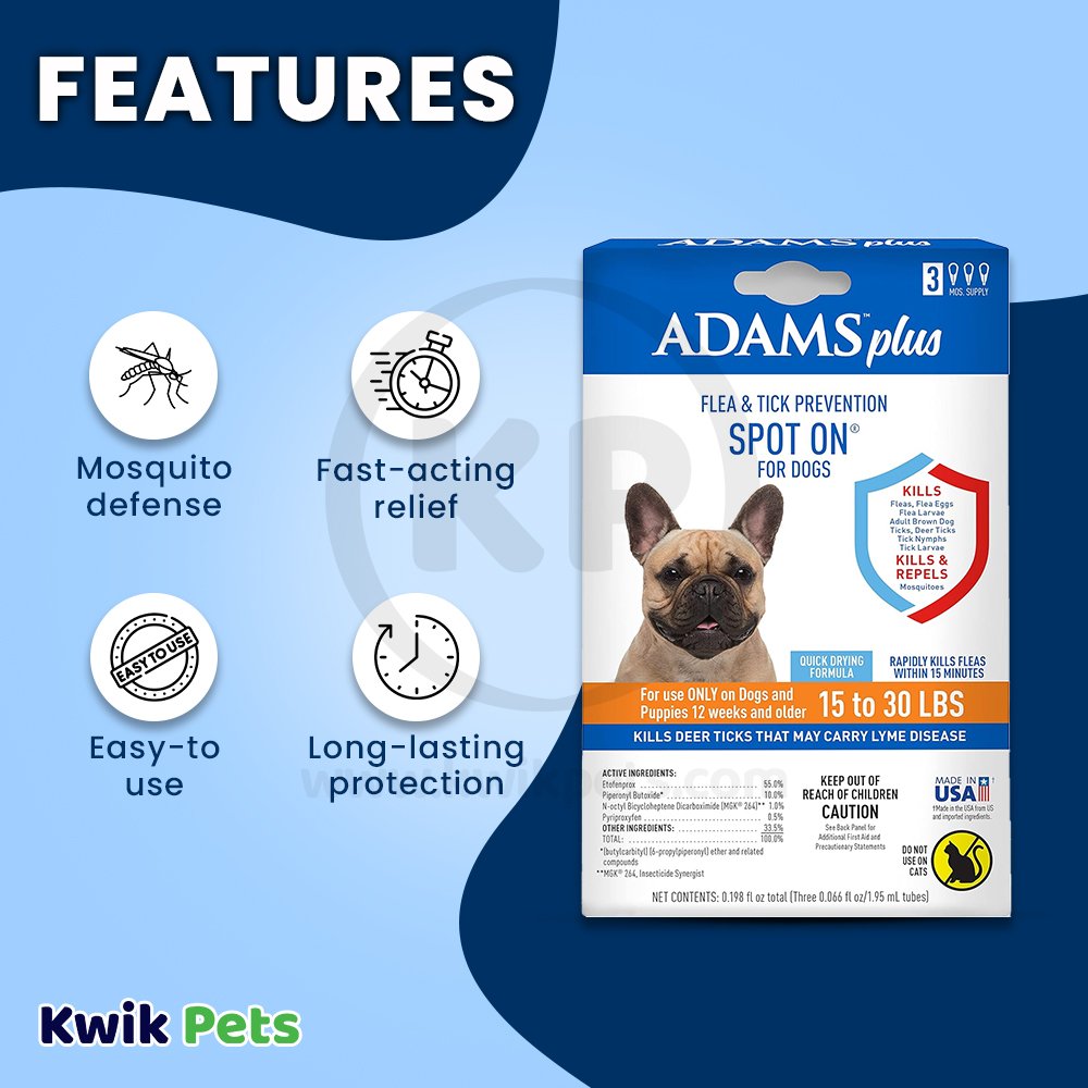 Adams Plus Flea & Tick Prevention Spot On for Dogs 3 Month Supply, Clear, Medium Dogs 15 To 30 lb, Adams