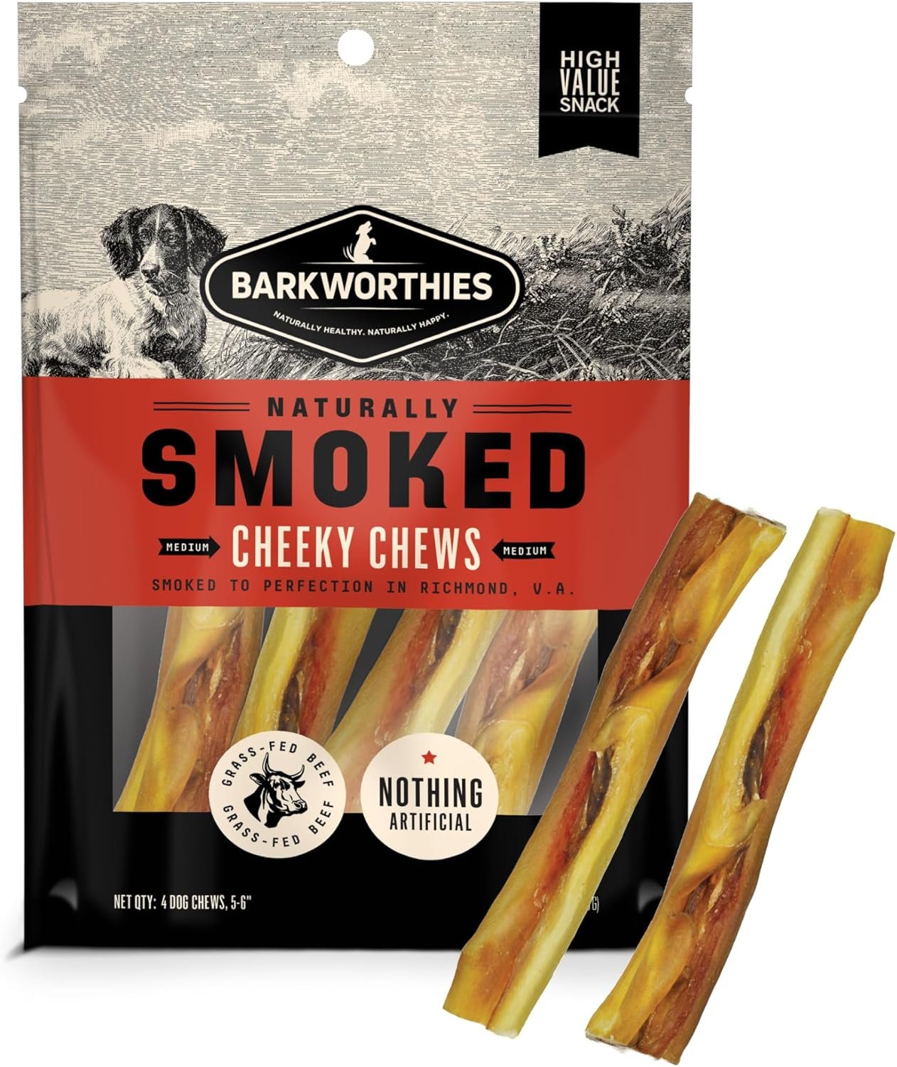 Barkworthies Naturally Smoked Cheeky Chews Dog Treats Medium 6-in 4 Count, Kwik Pets