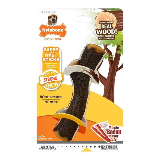 Nylabone Strong Chew Real Wood Dog Stick Toy Maple Bacon, Medium/Wolf - Up To 35 lb