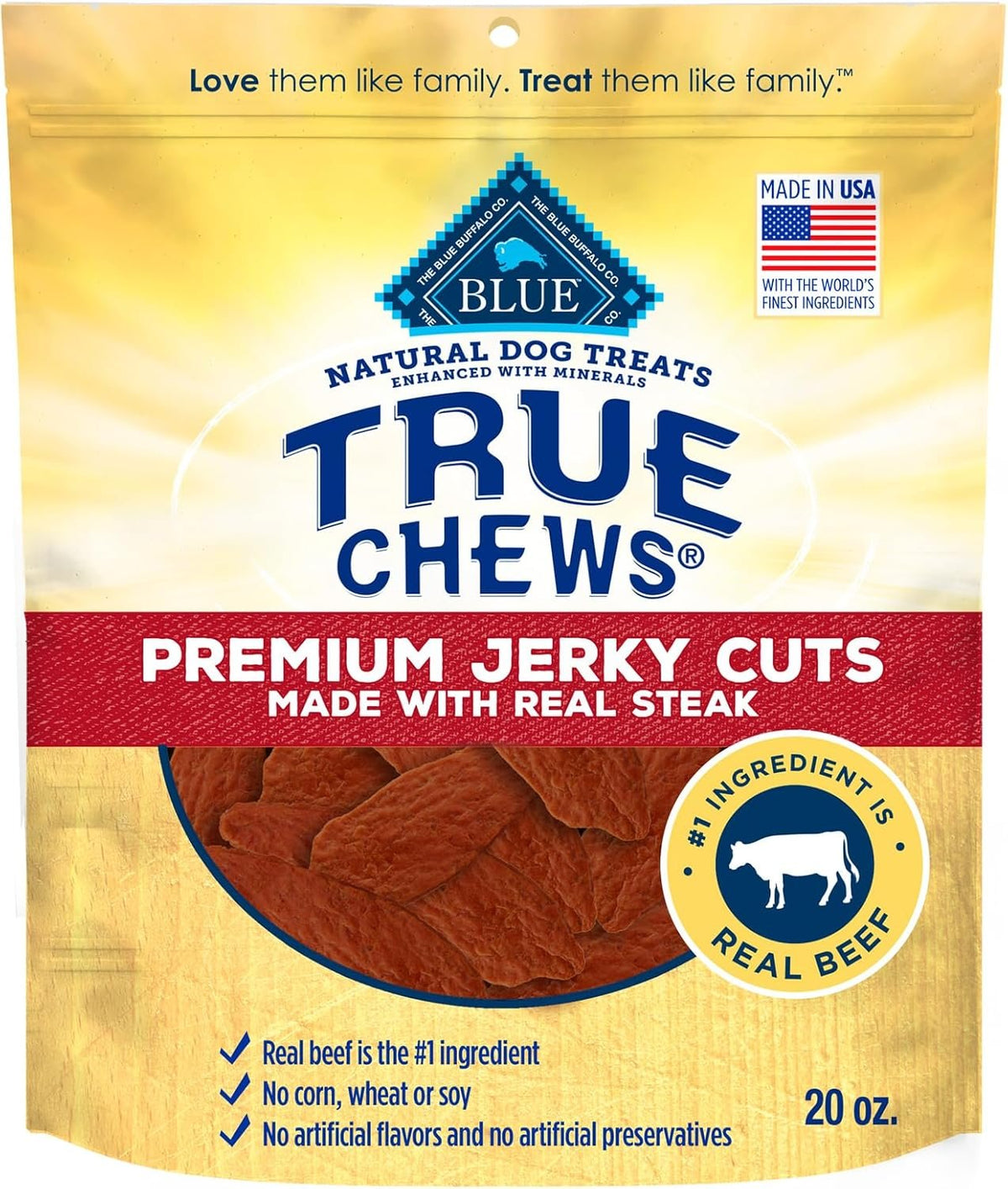 Blue Buffalo True Chews Premium Jerky Cuts Natural Dog Treats Real Steak 20-oz, Kwik Pets