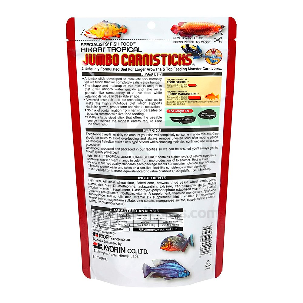 Hikari USA Jumbo CarniSticks Floating Fish Food, 6.37 oz, Jumbo, Hikari
