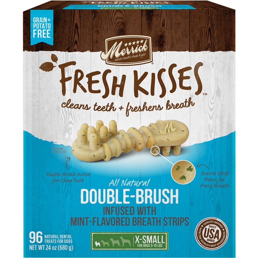 Merrick Fresh Kisses Natural Double-Brush Infused With Mint Breath Strip Dental Dog Treats X-Small 78 Count, Kwik Pets