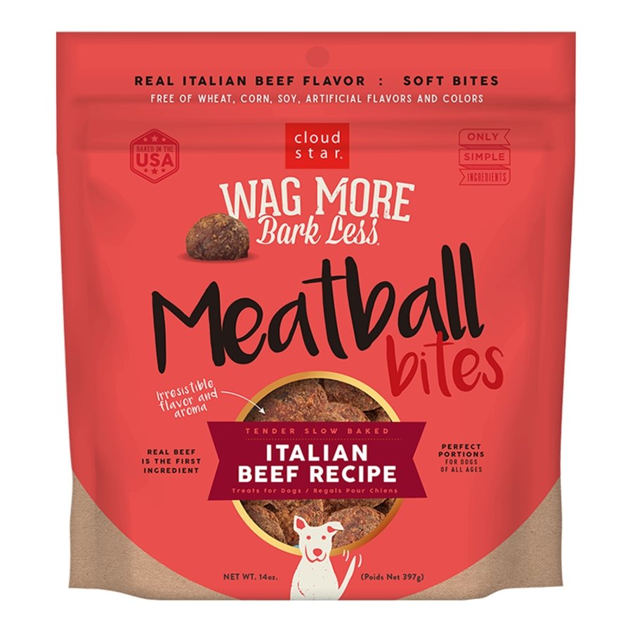 Cloud Star Wag More Bark Less Grain Free Meatball Bites Dog Treats Italian Beef Recipe 14-oz, Kwik Pets