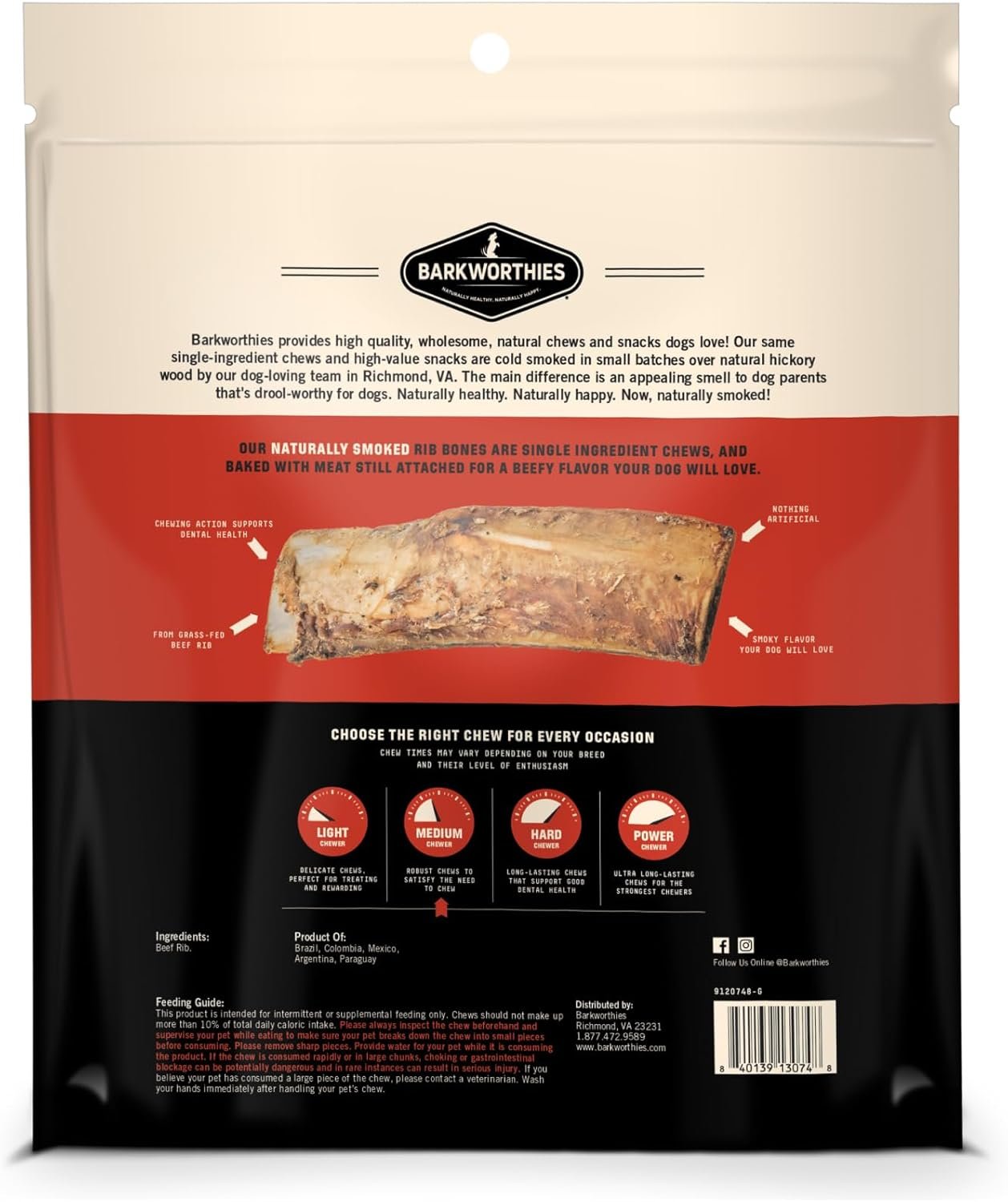 Barkworthies Naturally Smoked Rib Bones Dog Treats Medium 10 Count, Kwik Pets