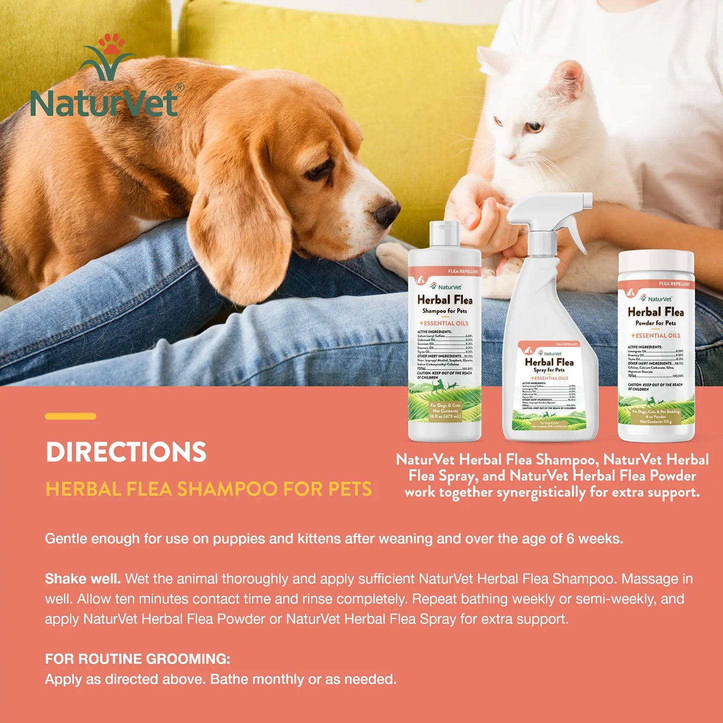 Usages Directions of NaturVet Herbal Flea Shampoo w/Essential Oils for Dogs & Cats 16-oz