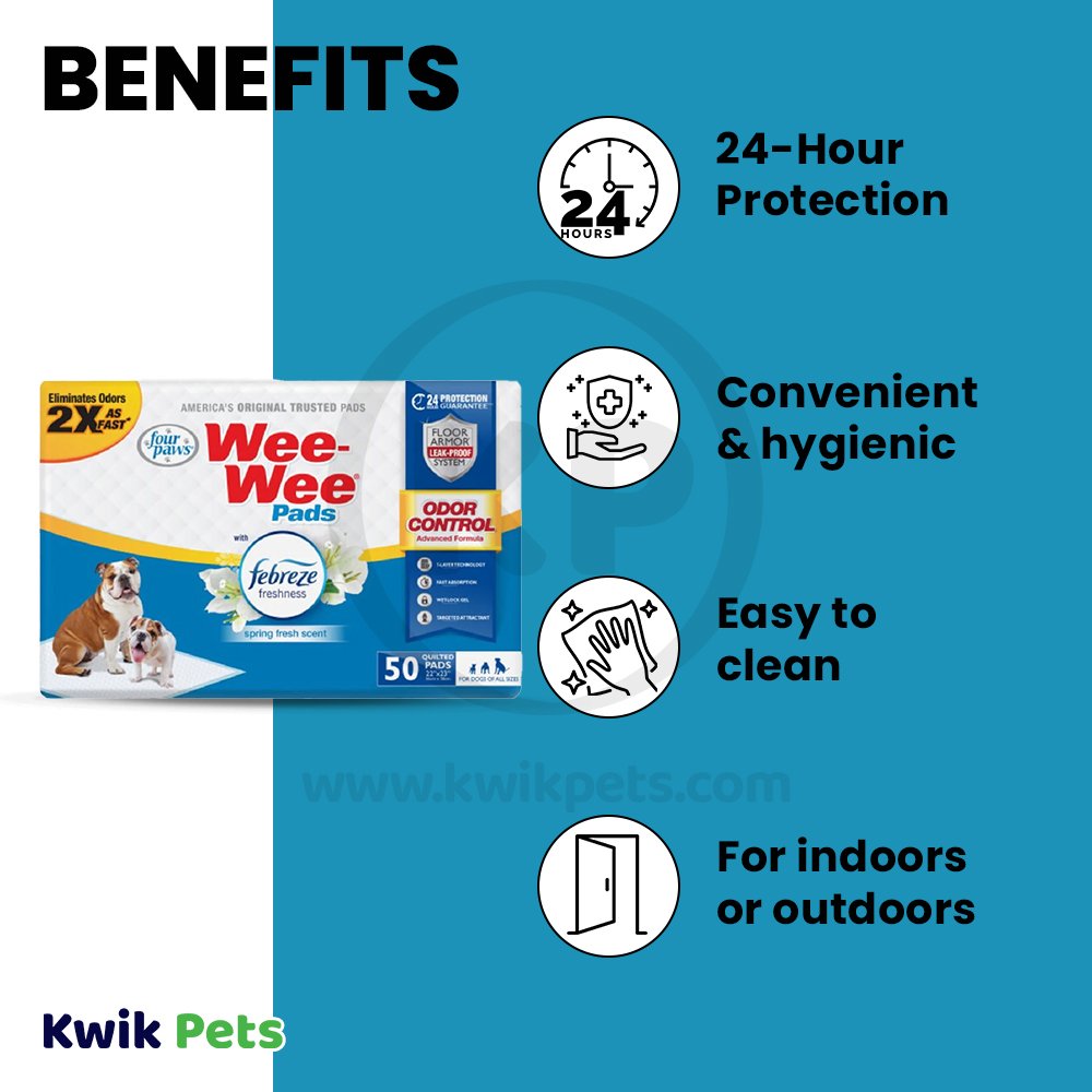 Benefits of Four Paws Wee-Wee Odor Control Dog Training Pads with Febreze Freshness 50 Count 22 in X 23 in