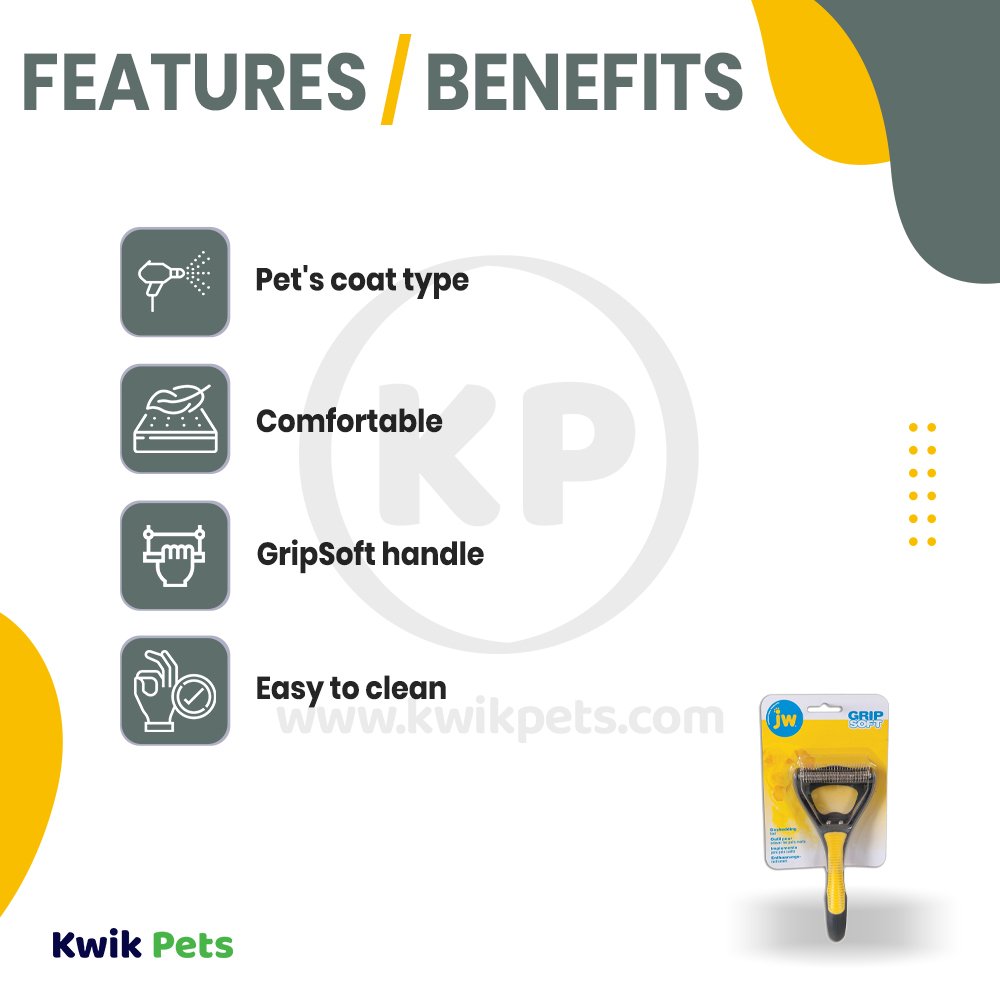 Features and Benefits of JW Pet GripSoft Double Row Undercoat Rake Regular Teeth