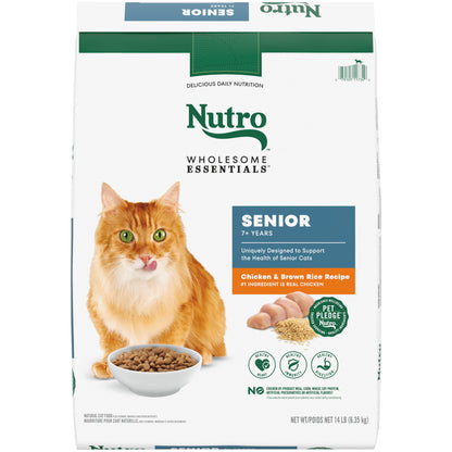 Front of Nutro Wholesome Essentials Chicken & Brown Rice Recipe Senior Dry Cat Food 14-lb