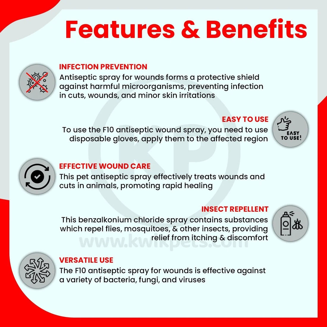 Features & Benefits of F10 Antiseptic Wound Spray with Insecticide 100ml