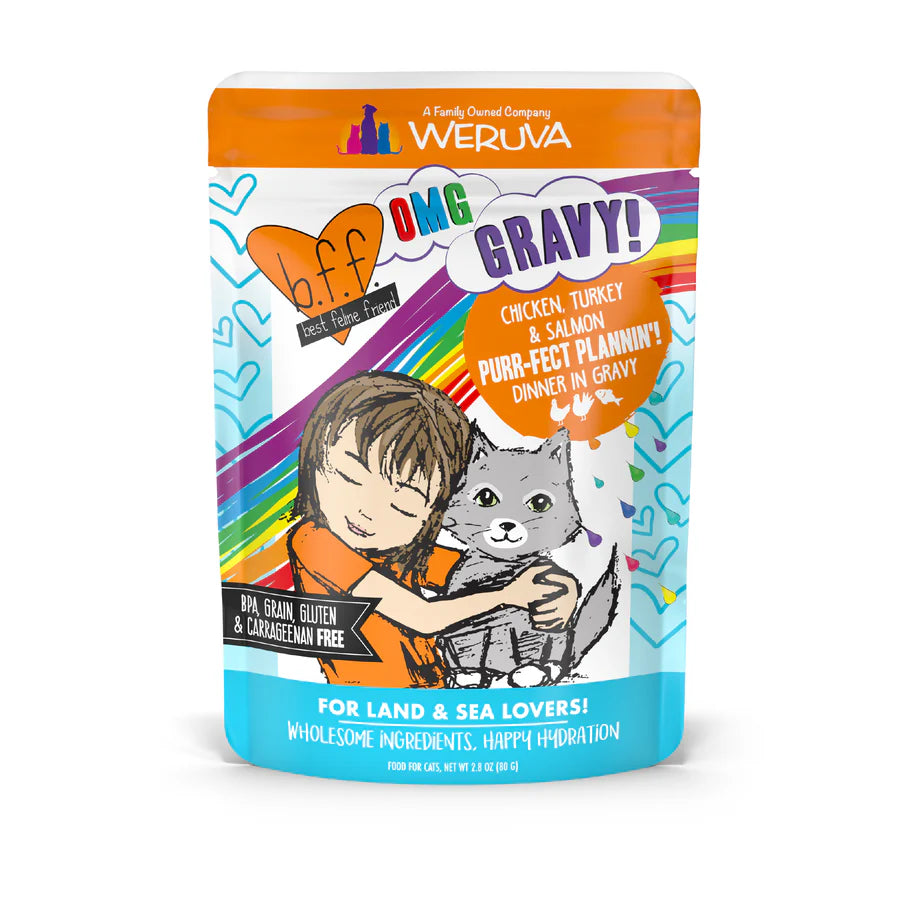 Weruva B.F.F. OMG Chicken, Turkey & Salmon Purr-Fect Plannin'! Dinner in Gravy Wet Cat Food Pouches 2.8-oz, Kwik Pets