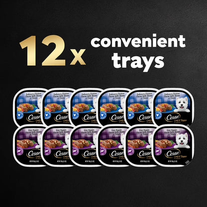 12 Count Cesar Loaf & Topper in Sauce Adult Wet Dog Food Variety Pack Rotisserie Chicken, Filet Mignon 12 Count 3.5-oz
