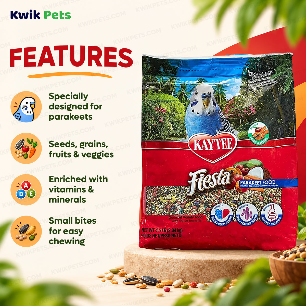 Features of Kaytee Fiesta Parakeet Food 4.5-lb