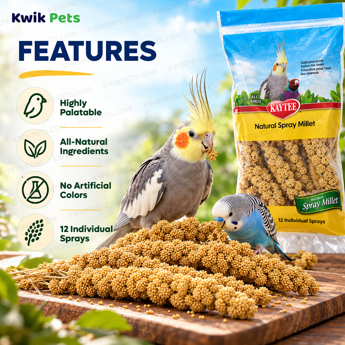 Features of Kaytee Natural Spray Millet Bird Treats 12 Count 7-oz