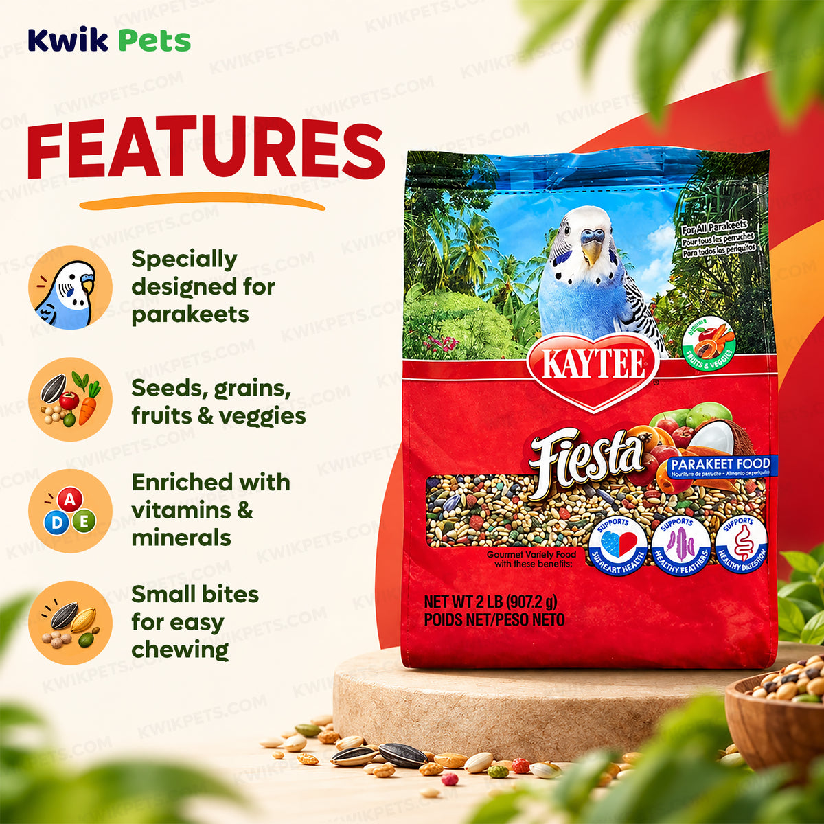 Features of Kaytee Fiesta Parakeet Food 2-lb