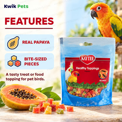 Features of Kaytee Healthy Toppings Papaya Bits for All Pet Birds 2.5-oz
