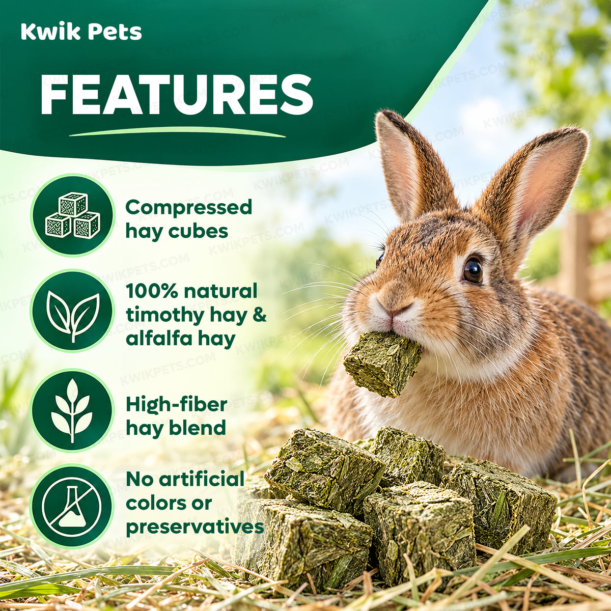Features of Kaytee Timothy Hay Blend Cubes for Small Animals 1-lb