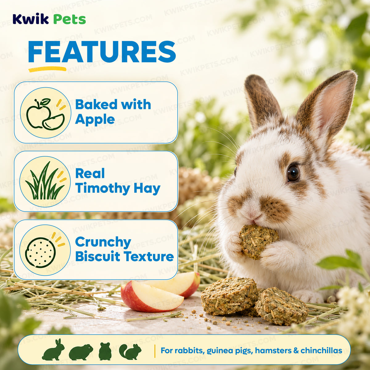Features of Kaytee Timothy Biscuits Baked with Apple Small Animal Treats 4-oz