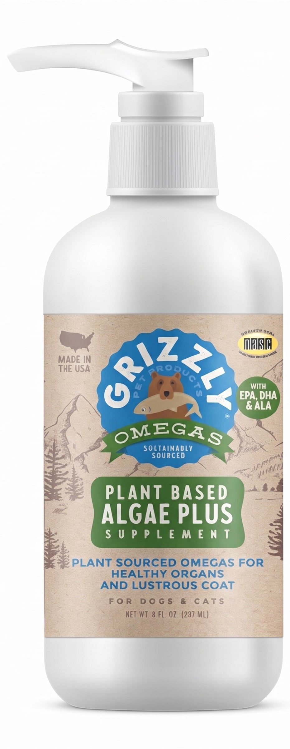 Front of Grizzly Omegas Plant Based Algae Plus Food Supplement for Dogs & Cats 8-oz