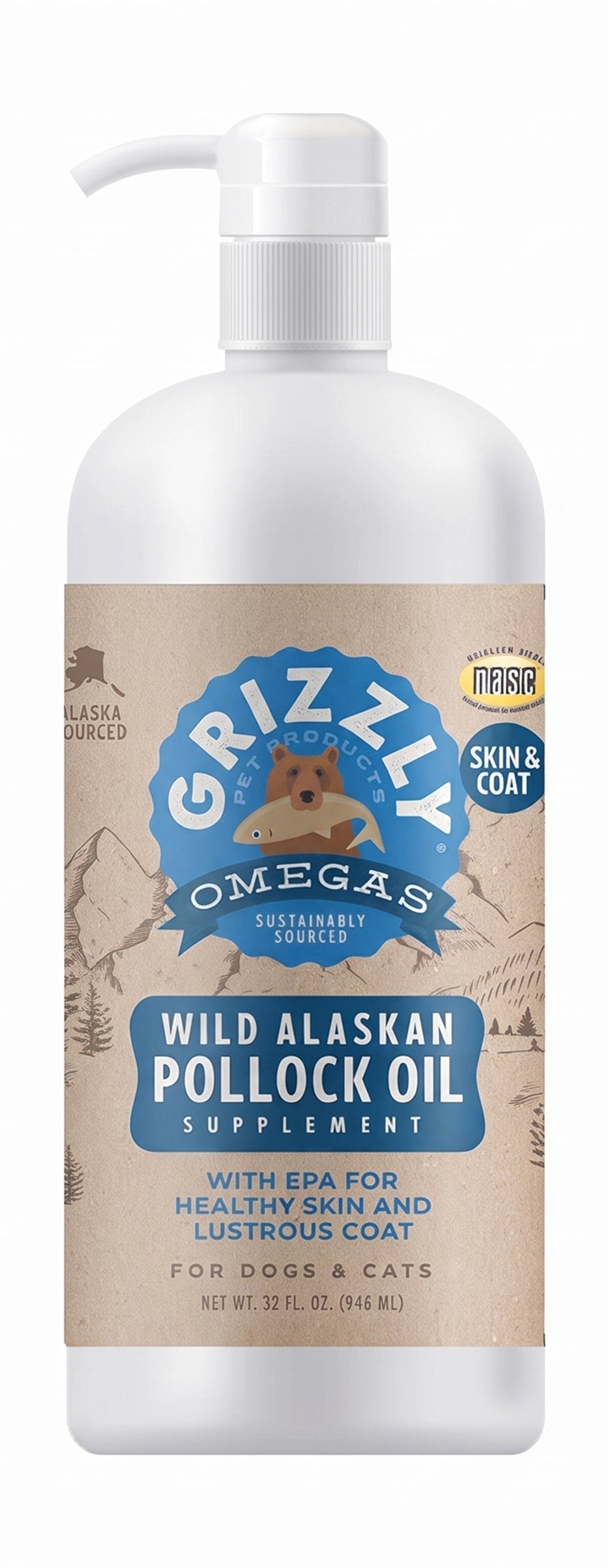 Front of Grizzly Wild Alaskan Pollock Oil Food Supplement for Dogs & Cats 32-oz