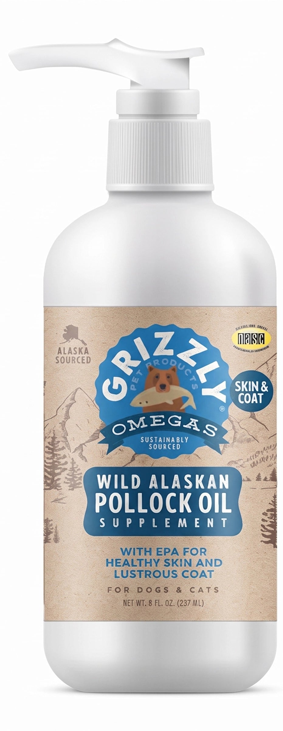 Front of Grizzly Wild Alaskan Pollock Oil Food Supplement for Dogs & Cats 8-oz