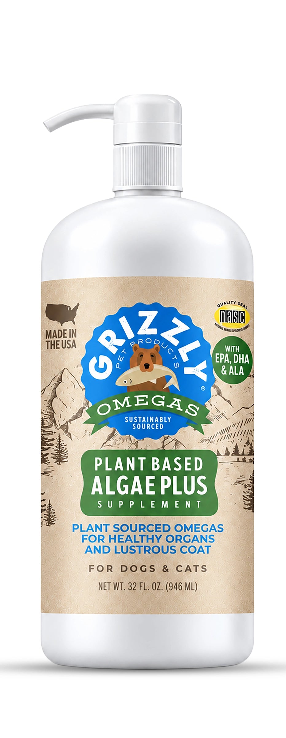Front of Grizzly Omegas Plant Based Algae Plus Food Supplement for Dogs & Cats 32-oz