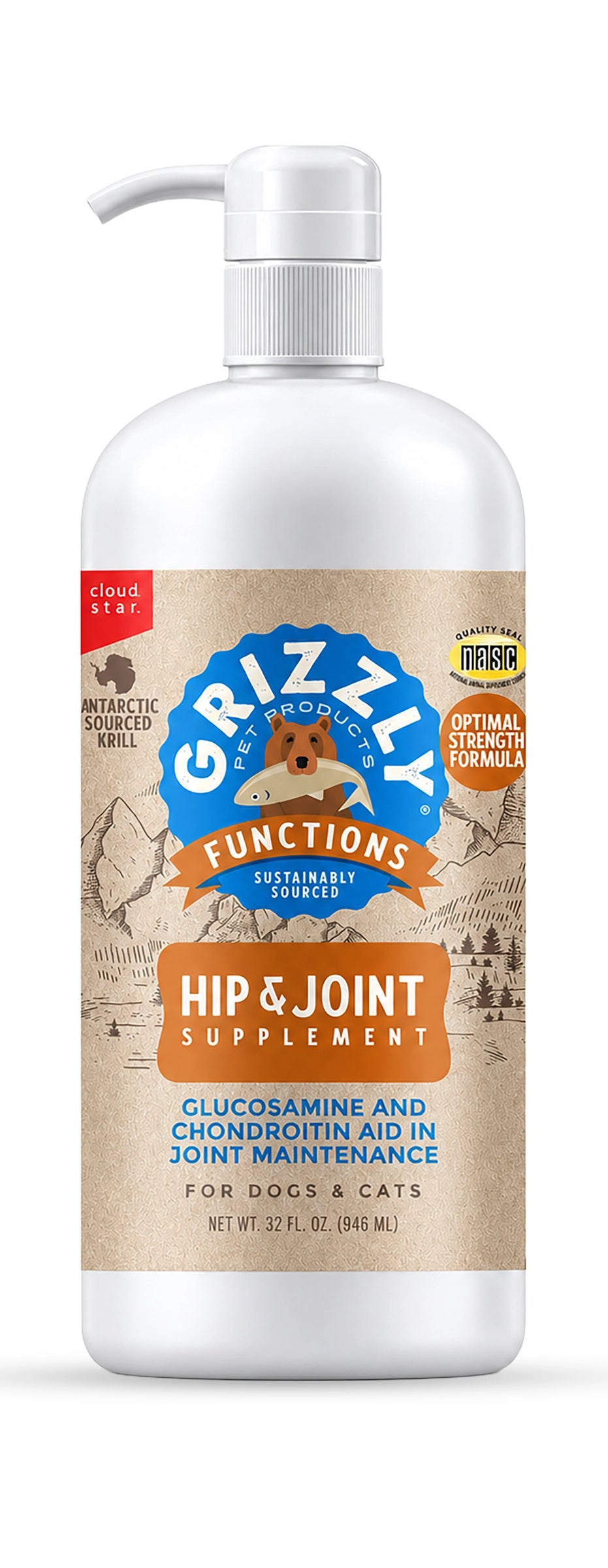 Front of Grizzly Hip & Joint Support Liquid Supplement for Dogs & Cats 32-oz