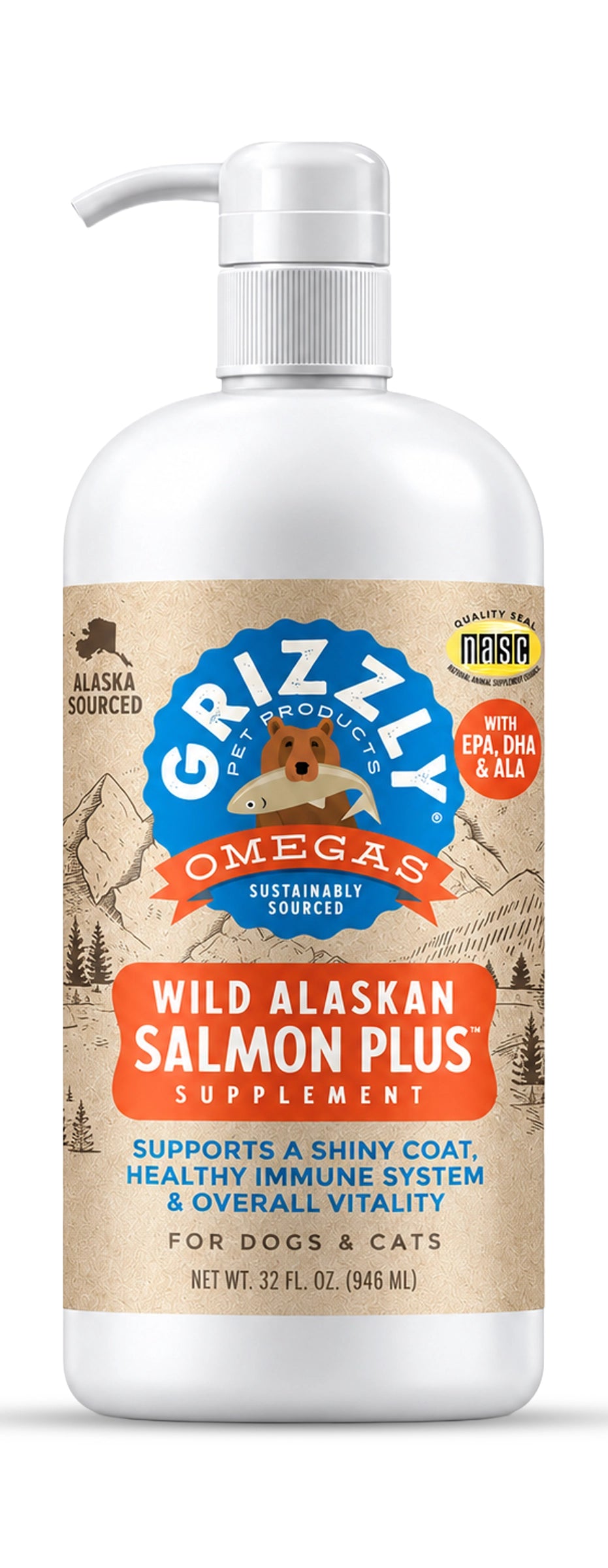 Front of Grizzly Wild Alaskan Salmon Oil Plus Food Supplement for Dogs & Cats 32-oz