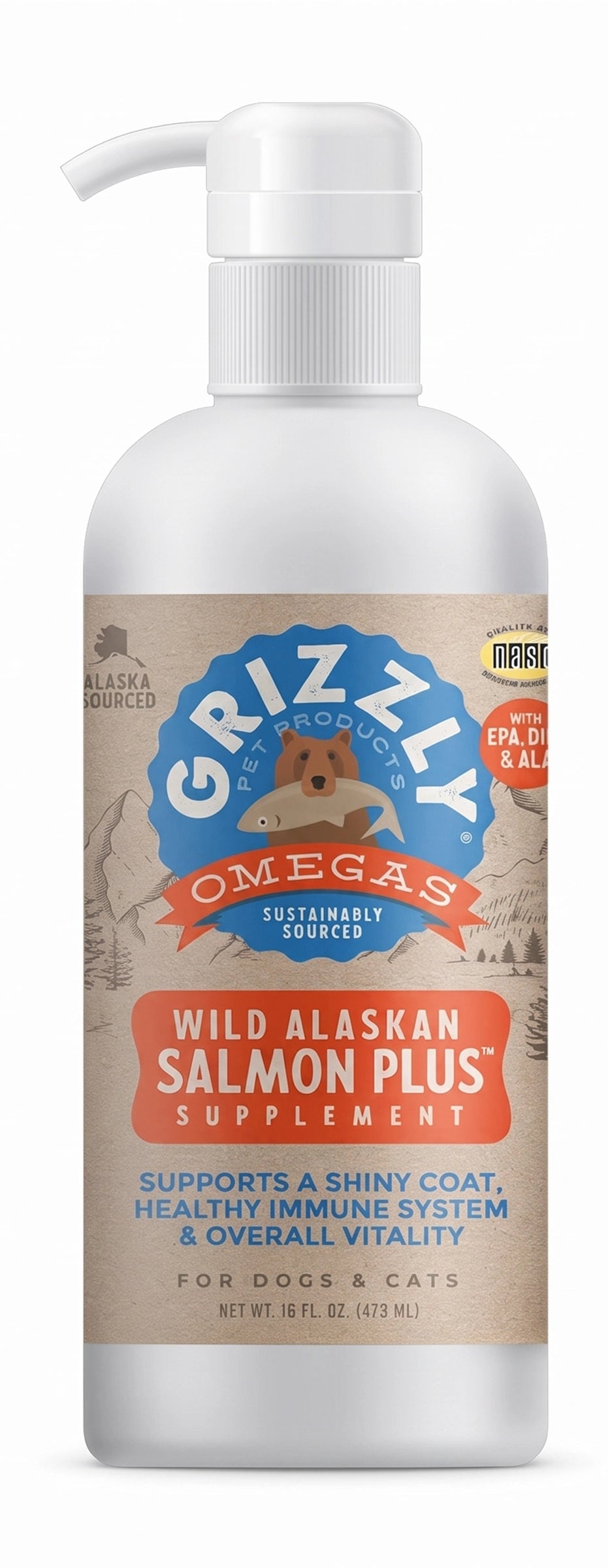 Front of Grizzly Wild Alaskan Salmon Oil Plus Food Supplement for Dogs & Cats 16-oz