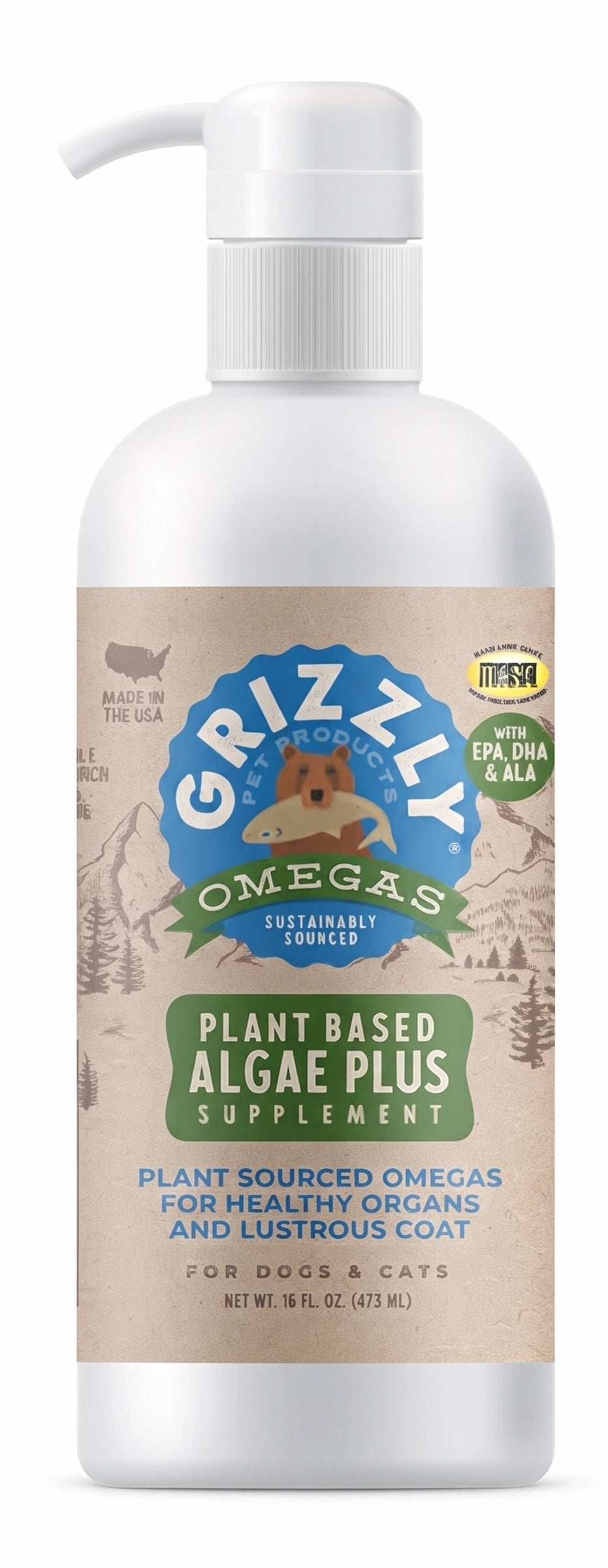 Front of Grizzly Omegas Plant Based Algae Plus Food Supplement for Dogs & Cats 16-oz