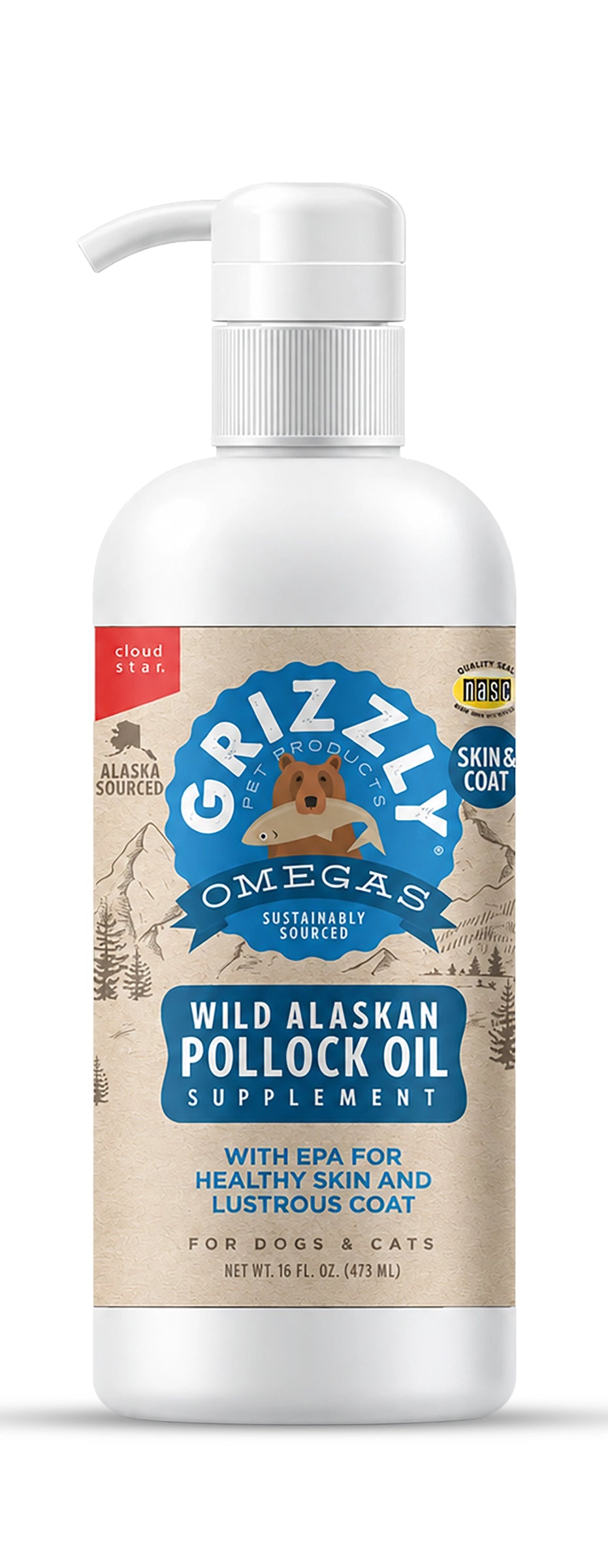 Front of Grizzly Wild Alaskan Pollock Oil Food Supplement for Dogs & Cats 16-oz