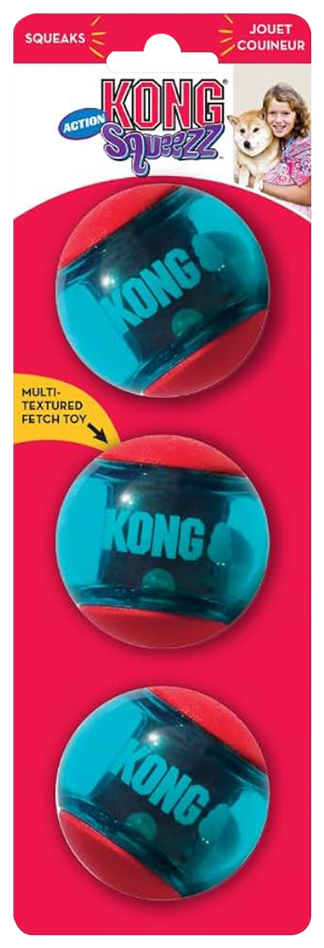 Front of KONG Squeezz Action Ball Dog Toy Red Medium
