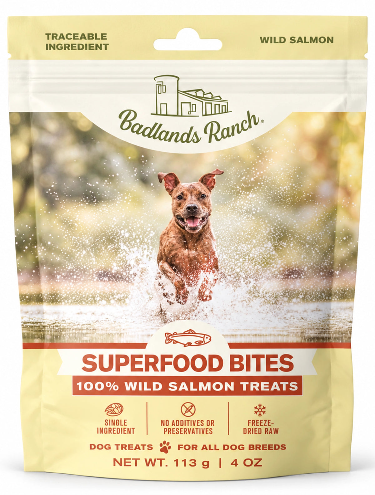 Front of Badlands Ranch Superfood Bites Freeze-Dried Raw Dog Treats Wild Salmon 4-oz