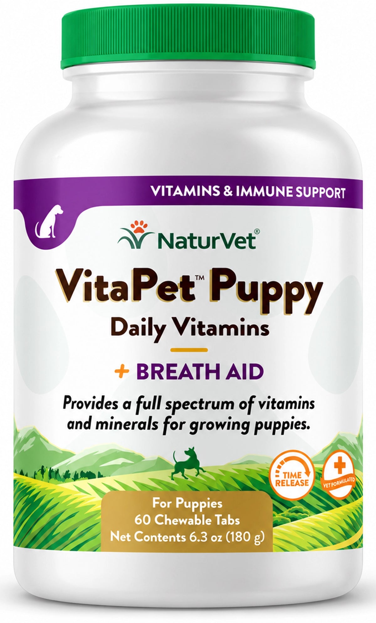 Front of NaturVet Vita Pet Puppy Plus Breath Aid Tablets Time Release Jar 60 Count 6.3-oz
