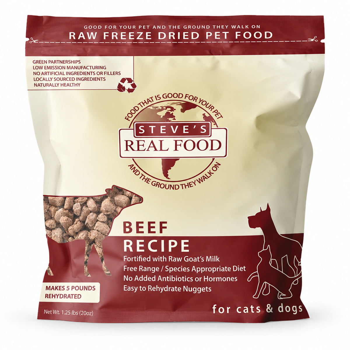 Front of Steve's Real Food Freeze-Dried Nuggets Raw Dog & Cat Food Beef Recipe 1.25-lb