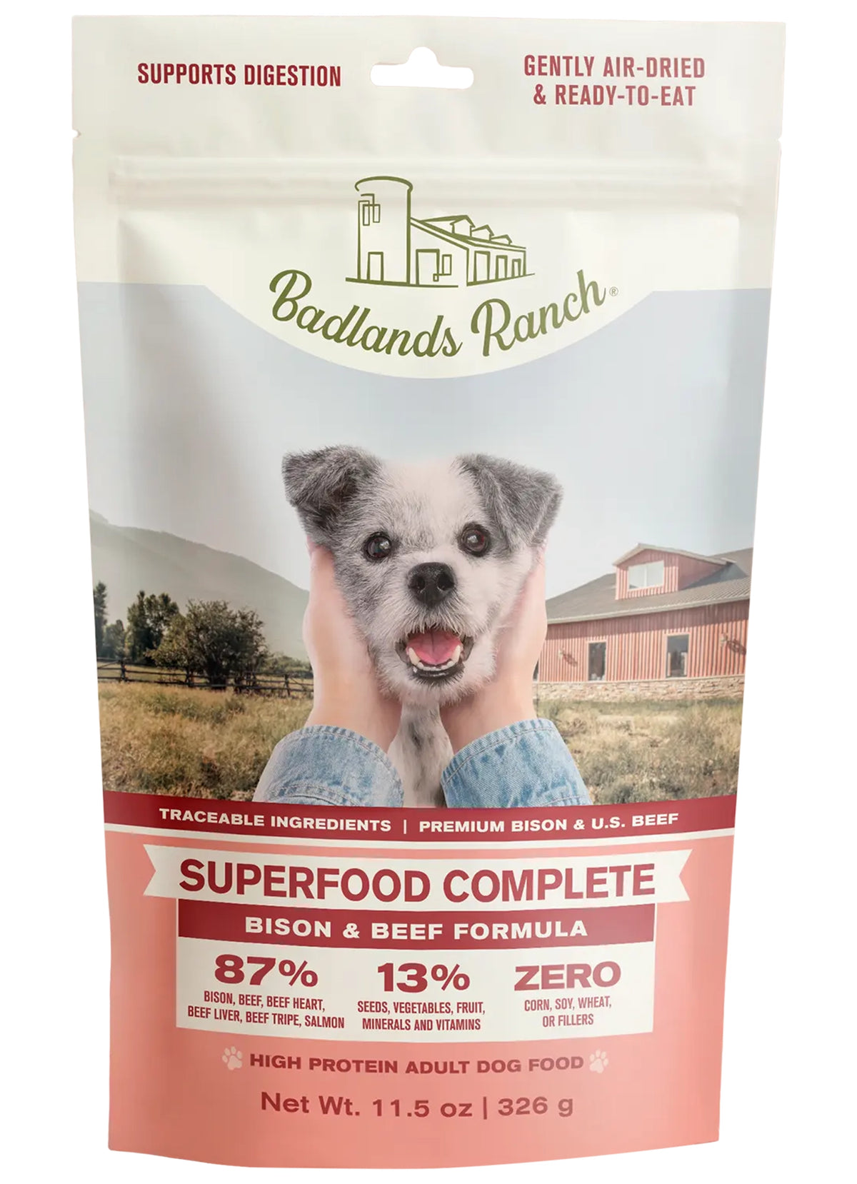 Front of Badlands Ranch Superfood Complete Air-Dried Dog Food Bison & Beef 11.5-oz